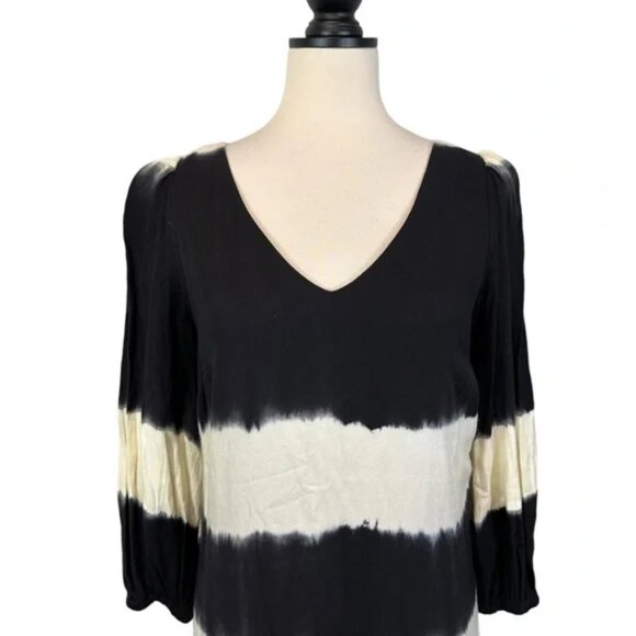Anthropologie Floreat Ink Wash Tie Dye Dress V-Neck 3/4 Sleeve Black, Size 2 - Picture 4 of 15